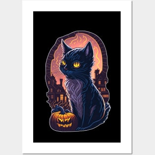 Meowloween Black Cat & Pumpkin - Happy Halloween! Posters and Art